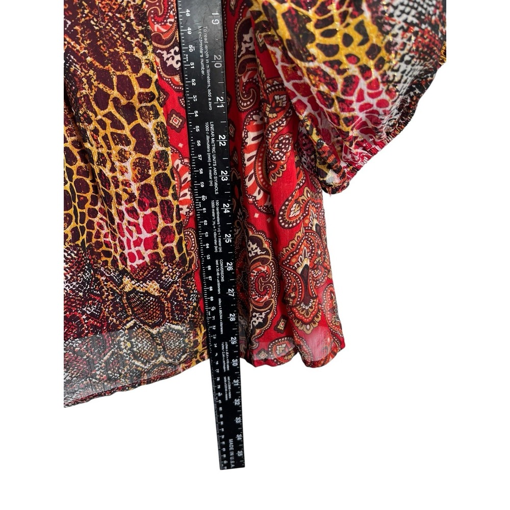 FIG & FLOWER Sz 2X Top Sheer Boho Red Paisley Snakeskin Print Peasant Blouse Tie - Picture 5 of 9